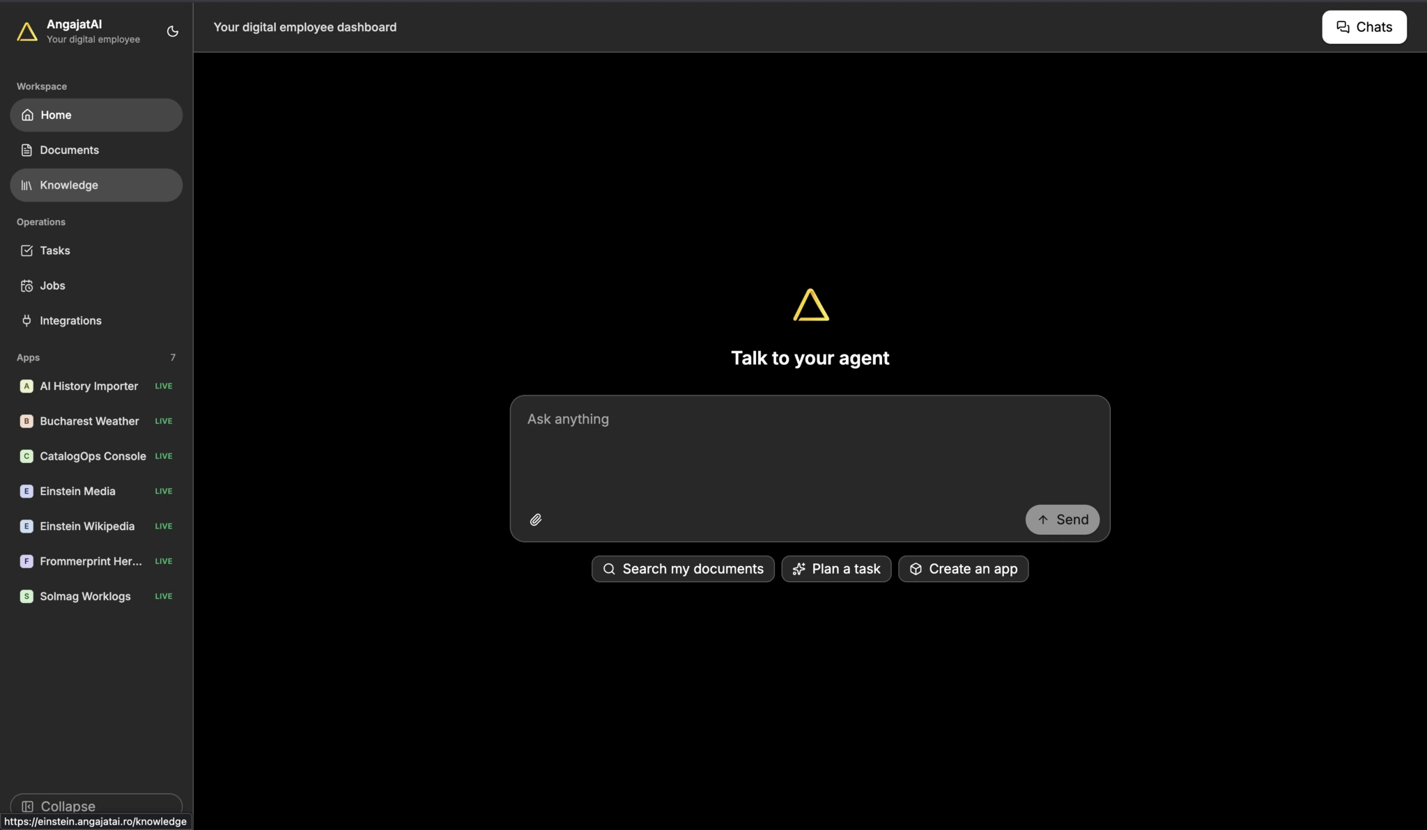 AngajatAI digital employee dashboard with agent chat, company knowledge and workspace applications