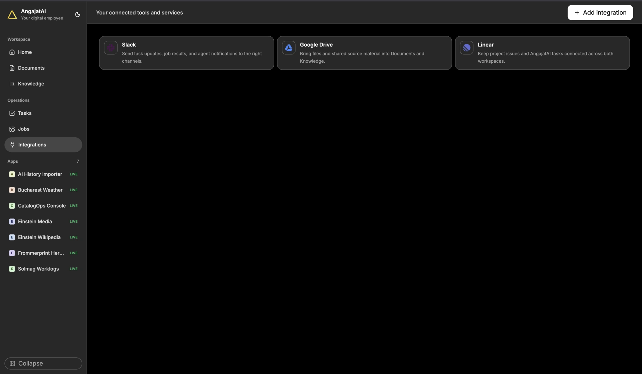 AngajatAI integrations view with Slack, Google Drive and Linear connections