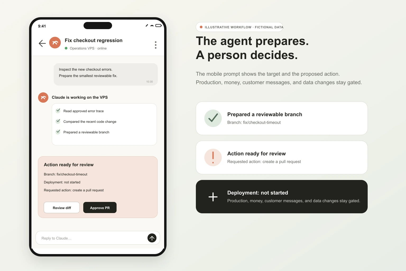 Recreated Claude Code phone session presenting a branch and asking for approval before creating a pull request